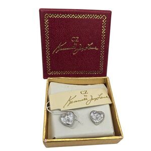 Vintage CZ by Kenneth Jay Lane Heart Stone Stud Earrings Silver Tone NEW